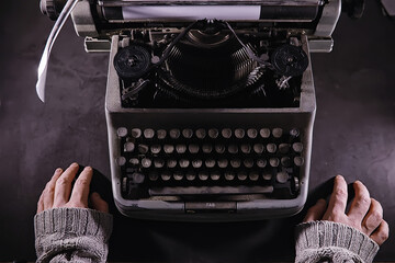 Vintage journalist tool. Typewriter retro. The writer is at work. Seal of the novel. Journalist...