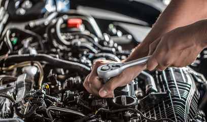 Fototapeta na wymiar Auto mechanic working and repair on car engine in mechanics garage. Car service.