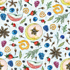 Seamless pattern with ingredients for hot winter drinks such as grog, punch, mulled wine