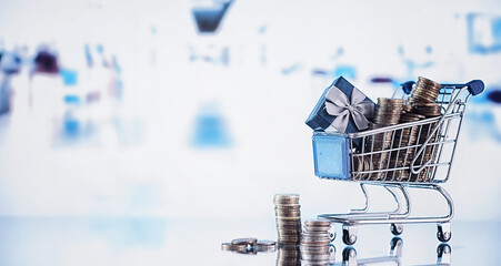 Background shopping trolley. Concept of shopping for groceries and things. Weekend shop.
