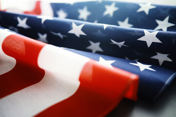 Flapping flag USA with wave. American flag for Memorial Day or 4th of July. Closeup of American...