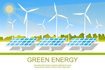 Landscape with solar panels and wind turbines. Renewable, clean, green energy concept banner design. Flat style vector illustration. Place for text