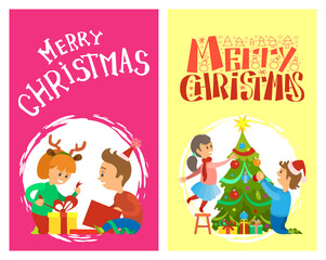 Obraz na płótnie Canvas Merry Christmas winter holidays greeting card vector. Boy in Santa hat and girl decorating pine tree, open boxes with gifts on Xmas eve, vector children