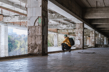 The stalker and The ruins of concert hall "Myr" in Truskavets, Ukraine.