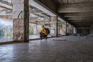 The stalker and The ruins of concert hall "Myr" in Truskavets, Ukraine.