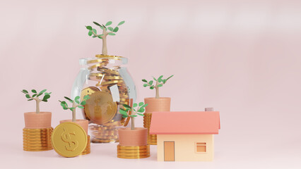 Saving money and invest with growth of plant on gold coins and pink house on pink background. Budget money concept. 3d render.