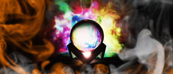 Magic ball predictions. mysterious . Fortune teller, mind power, prediction concept. Powerful magic sphere, mind power concept.