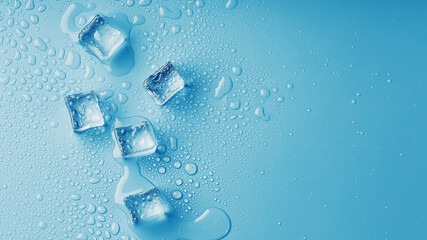 Ice cubes with water drops scattered on a blue background, top view.