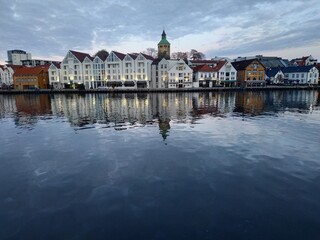 Fototapeta na wymiar Stavanger, Norway - November 05, 2019: view on the city streets near cruise ship bay at autumn