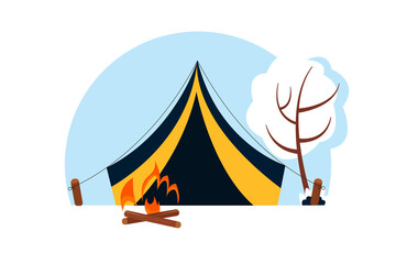 Winter illustration of a tent and a campfire. The concept of active tourism. Flat-style illustration.