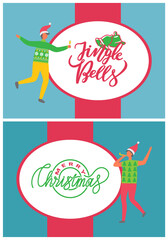 Jingle Bells and Merry Christmas greeting postcard with cheerful boys. Men celebrating holiday in t-shirt and sweater and trousers wearing Santa hat vector