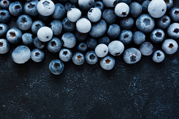 Abstract fruit texture frame. Frozen blueberries background. Copy space.