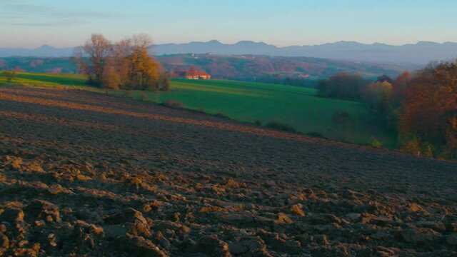 field at sunset with alpine foothills