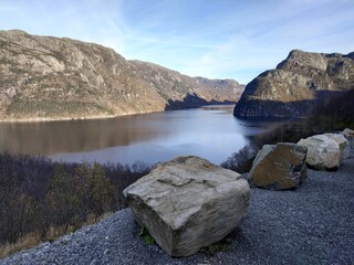 View on the fjords near Byrkjedal at autumn, Norway