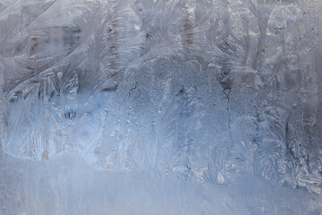 Beautiful Closeup Winter Window Pane Coated Shiny Icy Frost Patterns