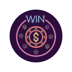 win lettering and dollar coin casino neon light label