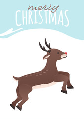 christmas greetings card template with cute flat deer. christmas festive texture greetings card background. winter holiday background.