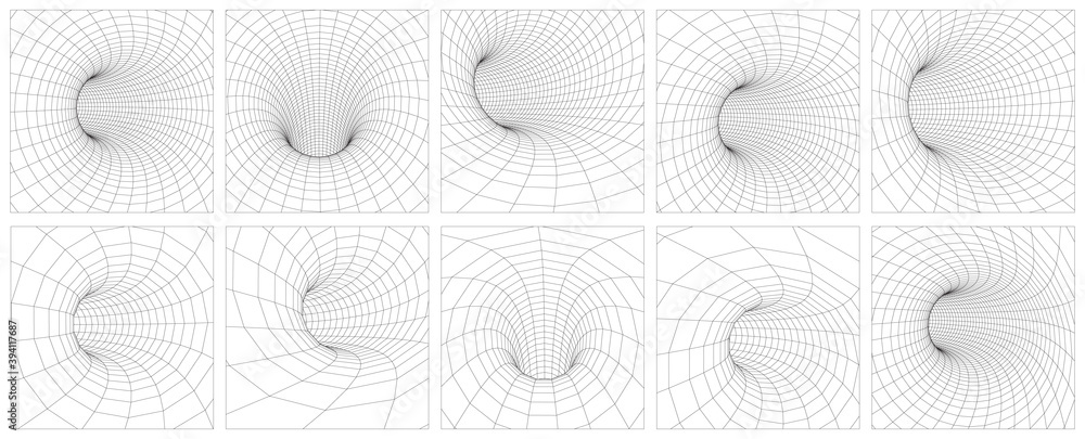 Wall mural grid wormhole wireframe tunnel. 3d gravity quantum, vector wormhole illustration. singularity abstra