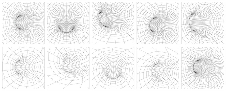 Grid wormhole wireframe tunnel. 3d gravity quantum, vector wormhole illustration. Singularity abstract black hole vortex concept 3d illustration. EPS 10.