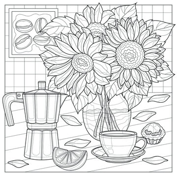 Bouquet of sunflowers with a coffee maker and a cup of coffee.Coloring book antistress for children and adults.Zen-tangle style.Black and white drawing