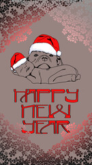 Postcard coloring Happy New Year. A child and a dog in a New Year's hat. Congratulations. Stylish illustration with New Year's greetings. Typography and creative lettering. Cartoon character. Print