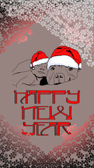 Postcard coloring Happy New Year. A child and a dog in a New Year's hat. Congratulations. Stylish illustration with New Year's greetings. Typography and creative lettering. Cartoon character. Print