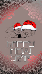 Postcard coloring Happy New Year. A child and a dog in a New Year's hat. Congratulations. Stylish illustration with New Year's greetings. Typography and creative lettering. Cartoon character. Print