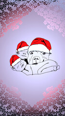 Postcard coloring Happy New Year. A child and a dog in a New Year's hat. Congratulations. Stylish illustration with New Year's greetings. Typography and creative lettering. Cartoon character. Print