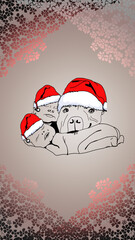 Postcard coloring Happy New Year. A child and a dog in a New Year's hat. Congratulations. Stylish illustration with New Year's greetings. Typography and creative lettering. Cartoon character. Print