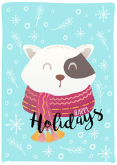 flat cute christmas vector sign and symbol postcard background with cute cat wearing scarf. christmas festive texture greetings card background. winter holiday background. 