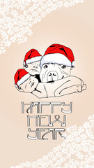 Postcard coloring Happy New Year. A child and a dog in a New Year's hat. Congratulations. Stylish illustration with New Year's greetings. Typography and creative lettering. Cartoon character. Print