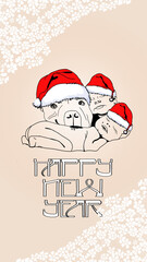 Postcard coloring Happy New Year. A child and a dog in a New Year's hat. Congratulations. Stylish illustration with New Year's greetings. Typography and creative lettering. Cartoon character. Print