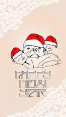 Postcard coloring Happy New Year. A child and a dog in a New Year's hat. Congratulations. Stylish illustration with New Year's greetings. Typography and creative lettering. Cartoon character. Print