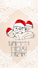 Postcard coloring Happy New Year. A child and a dog in a New Year's hat. Congratulations. Stylish illustration with New Year's greetings. Typography and creative lettering. Cartoon character. Print