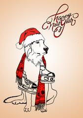 Merry Christmas and Happy New Year greeting card. Hunting dog with gifts. Lettering. Hunting dog with skates, 
in a scarf and a New Year's hat. Stylish illustration with new year greetings typography 
