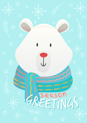 flat cute christmas vector sign and symbol postcard background with cute polar bear wearing scarf. christmas festive texture greetings card background. winter holiday background. 