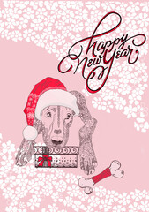Merry Christmas and Happy New Year greeting card. Hunting dog with gifts. Lettering. Hunting dog with skates, 
in a scarf and a New Year's hat. Stylish illustration with new year greetings typography 