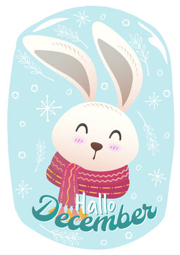 flat cute christmas vector sign and symbol postcard background with cute rabbit wearing scarf. christmas festive texture greetings card background. winter holiday background. 