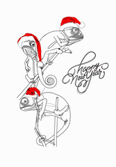 Merry Christmas and Happy New Year greeting card. Hunting dog with gifts. Lettering. Hunting dog with skates, 
in a scarf and a New Year's hat. Stylish illustration with new year greetings typography 