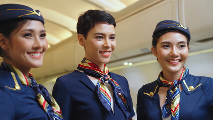 Group of cabin crew or air hostess in airplane . Airline transportation and tourism concept.