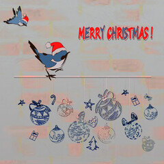 Merry Christmas and Happy New Year greeting card. Hunting dog with gifts. Lettering. Hunting dog with skates, 
in a scarf and a New Year's hat. Stylish illustration with new year greetings typography 