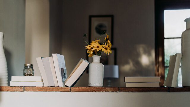 Objects and books gathered on brick shelf in shady apartment