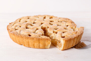 Traditional American Thanks Giving lattice pie isolated on white background. Homemade fruit tart...