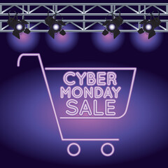cyber monday sale neon light with shopping cart and lamps