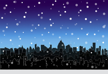Snowy landscape of modern city. Night skyline wallpaper with snowflakes. Winter cityscape silhouette. Vector