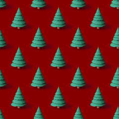 Obraz premium Pattern from Christmas trees on red background. New Year concept.. 3d Illustration