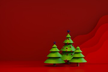 3d Render. Christmas trees surrounded by gift boxes, crystal balls, on a red background.