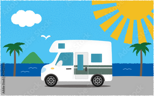 Poster 炎天下 海沿いの道を進む白いキャンピングカーのベクターイラスト Icim