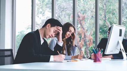 Angry business person dispute work problem in group meeting at office . Business bankrupt failure...
