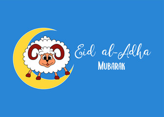 Arabic holiday Eid al Adha Mubarak. Greeting card, poster, banner with sacrificial white sheep and golden crescent on blue background. Vector illustration.